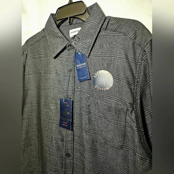 🛑 NWT Haggar Mens The Tuckless Shirt Black Gray Plaid Short Sleeve Button-up L - Picture 3 of 5